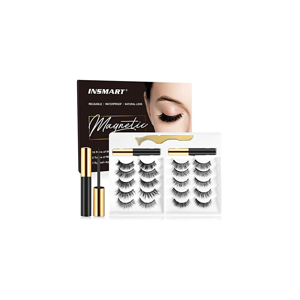 Magnetic EyelashesINSMART 10 Pairs False Eyelashes Upgraded 3D 5D Magnetic Eyelashes and Magnetic Eyeliner Kit with 2 Tubes of Magnetic Eyeliner