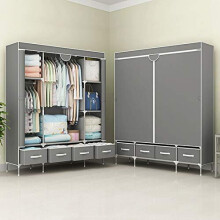 Anmas Power Upgrade Version Three Canvas Wardrobe Cupboard 150x45x170 cm Grey with Hanging Rail, Storage Shelves & Dustproof Cover