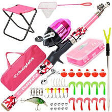 Kids Fishing Pole Telescopic Rod Reel Combo with Collapsible Chair Rod Holder Tackle Box Bait Net and Carry Bag for Boys and Girls Pink 4ft