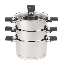 RH01170EU 3 Tier Steamer with Glass Lid Vegetable Steam Cooking Pan Stainless Steel Steaming Pan Induction Suitable Soft Touch Handles Excellence