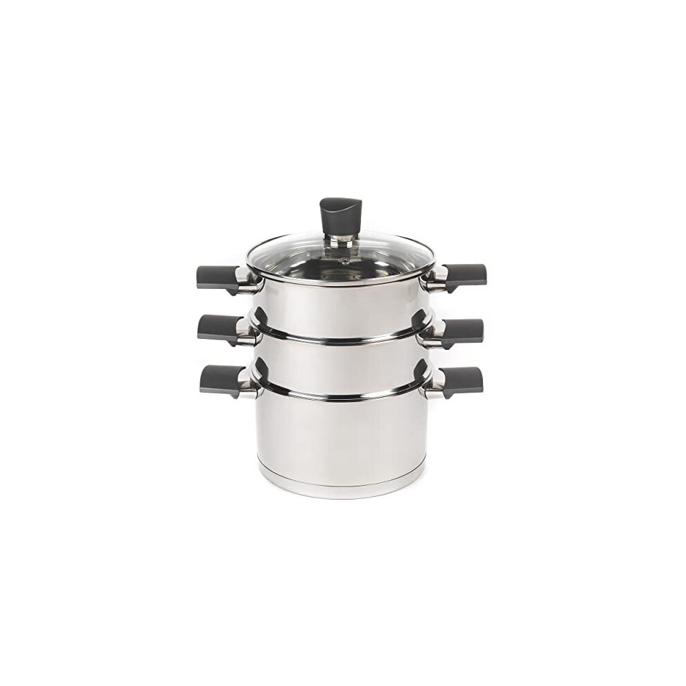RH01170EU 3 Tier Steamer with Glass Lid Vegetable Steam Cooking Pan Stainless Steel Steaming Pan Induction Suitable Soft Touch Handles Excellence
