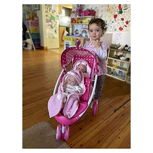 Dotty Tandem Twin Double Dolls Pram Pink Polka on OnBuy