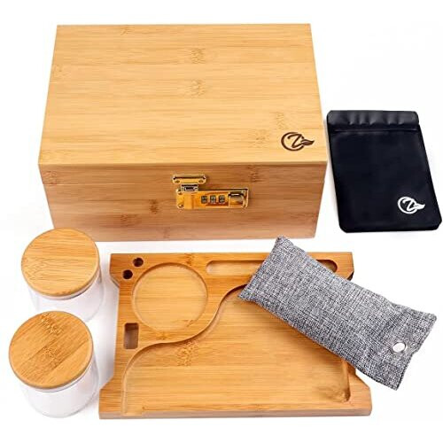 Large Bamboo Storage Box with Lock Decorative box for Home Locking Bamboo Box with Glass Jar Tray