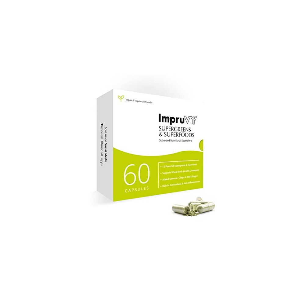 Impruvit Black Supergreens Superfood Caps 60 Vegan Capsules With Spirulina Turmeric Ginger Root Pepper Maca Root Plant Based Antioxidant Antiinflammatory That