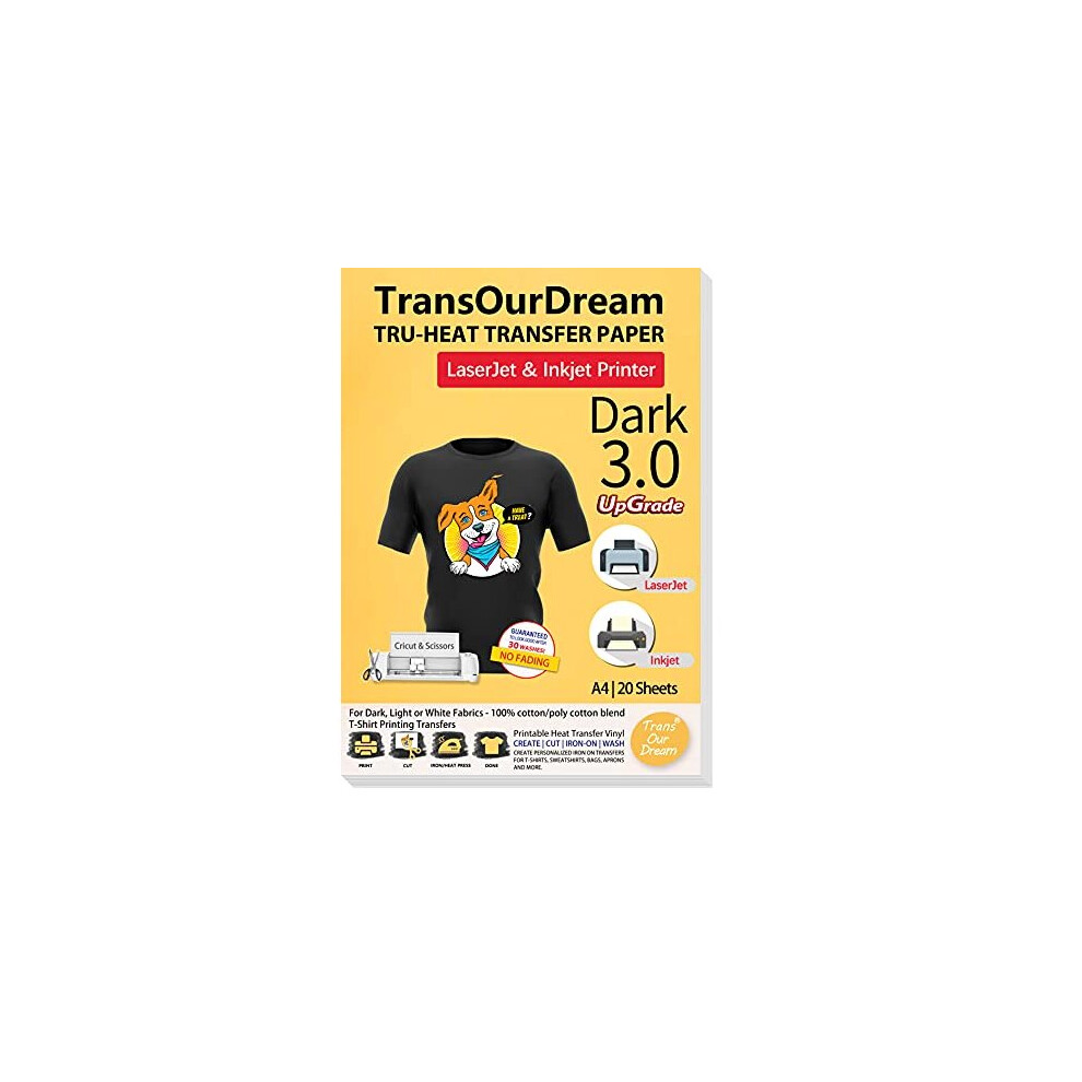 TruTransfer Paper Upgraded 30 20 Sheets A4 for InkjetLaser Printer Iron On Heat Transfer Paper for Dark Fabric Transfer Paper for Black TShirts