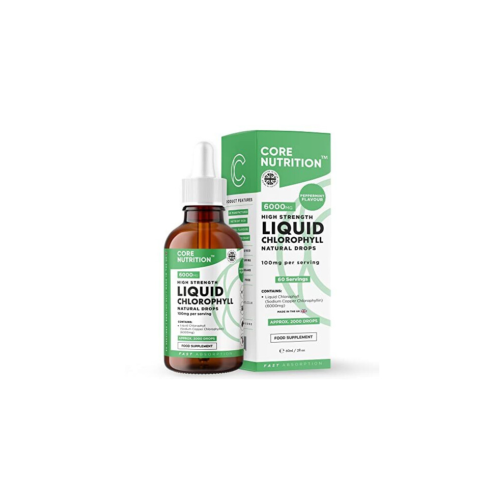 Liquid Chlorophyll Drops for Water 60ml for 60 Servings 2 Month Supply of High Strength 100mg Chlorophyll Liquid Drink Made in UK by Core Nutrition