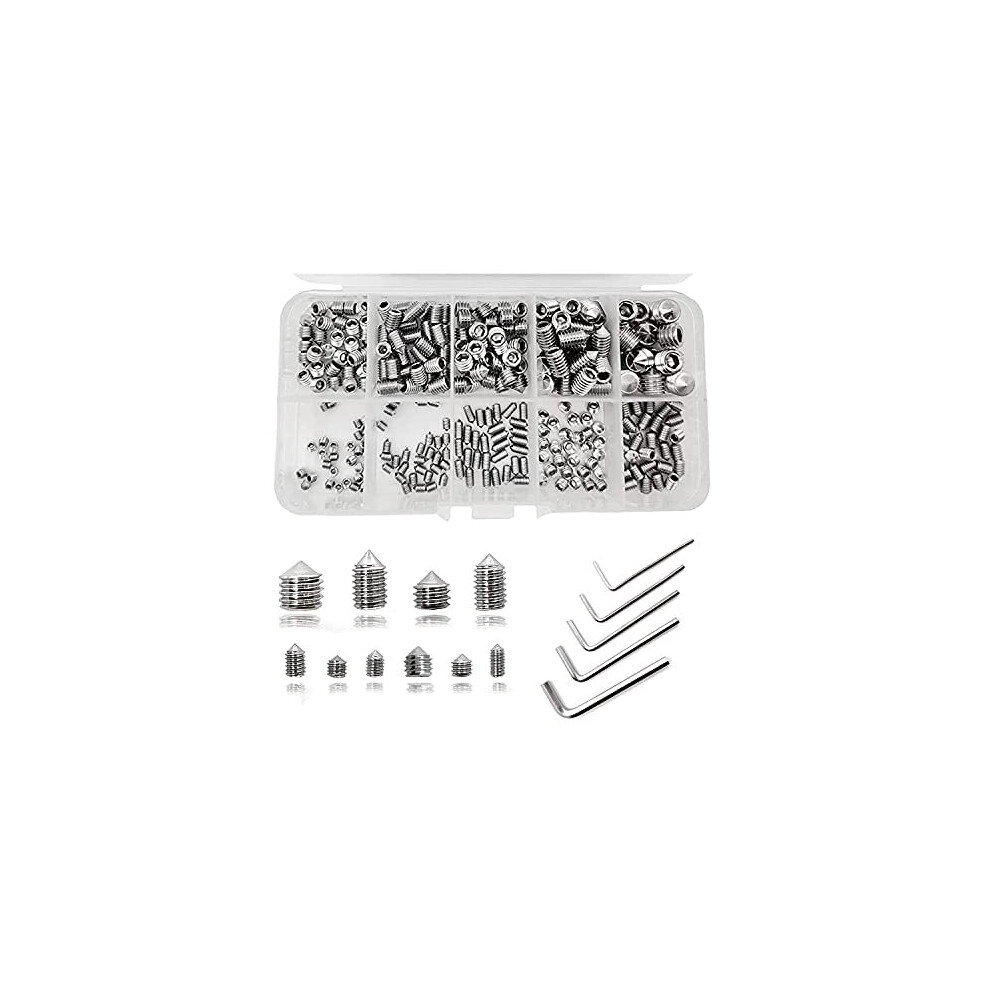 290 Pcs Cone Point Grub Screws Mixed Assorted Stainless Steel Metric Threads Socket Screws M3 M4 M5 M6 M8 Screws Assortment With 5 Pcs Socket Allen 601549867149