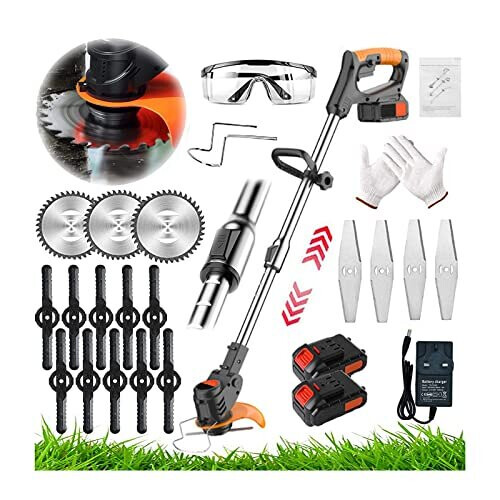 Metal Blade 24V Cordless Garden Strimmer with Blades - 3-in-1 Grass Trimmer, 2x Li-ion Batteries + Fast Charger, Adjustable Pole & 90-degree Head