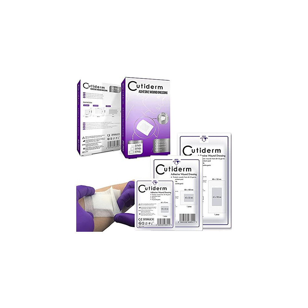 Cutiderm Pack Of 30 Assorted Adhesive Sterile Wound Dressings Suitable For Cuts And Grazes Diabetic Leg Ulcers Venous Leg Ulcers Small Pressure Sores