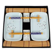 EXZACT Sushi Plate Set 10pcs (EX-SG) - 2 Sushi Plates, 2 Dip Bowls, 2 Bamboo Placemats, 2 Chopstick Rests & 2 Pairs Chopsticks, Porcelain, Blue