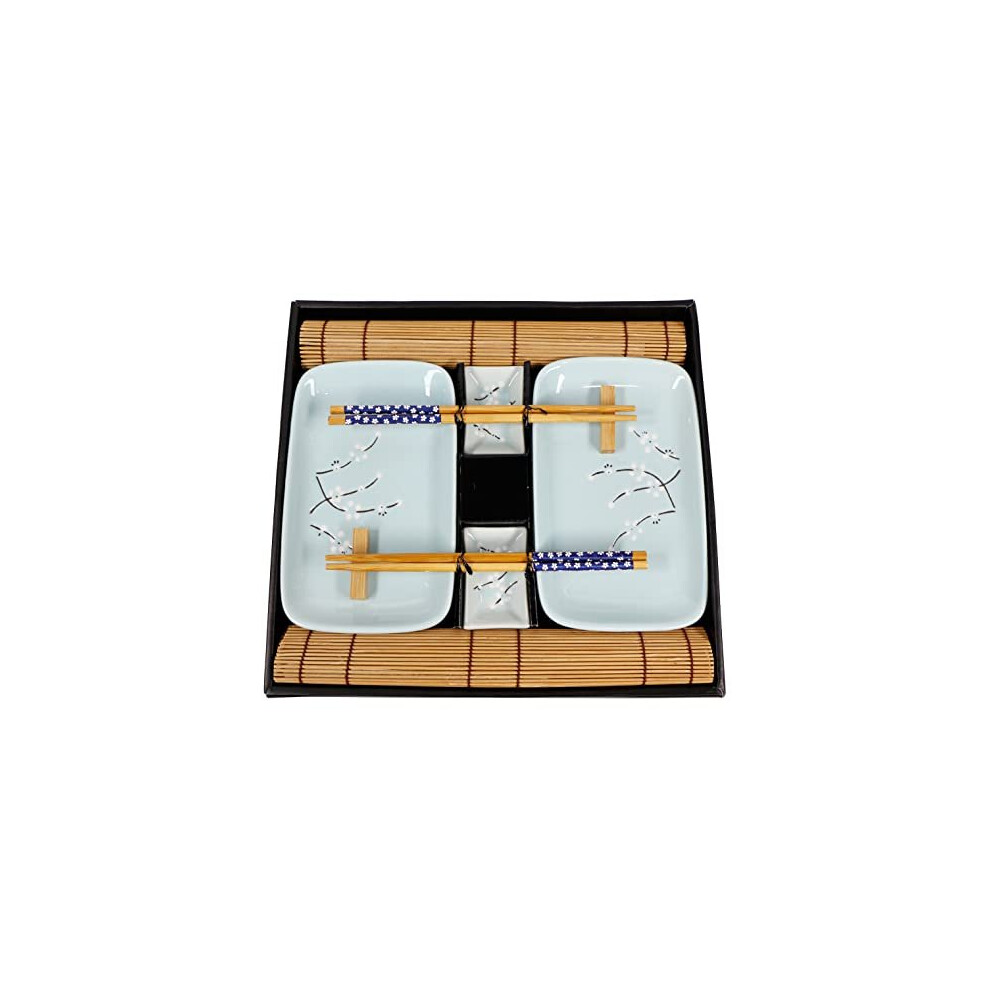 EXZACT Sushi Plate Set 10pcs (EX-SG) - 2 Sushi Plates, 2 Dip Bowls, 2 Bamboo Placemats, 2 Chopstick Rests & 2 Pairs Chopsticks, Porcelain, Blue