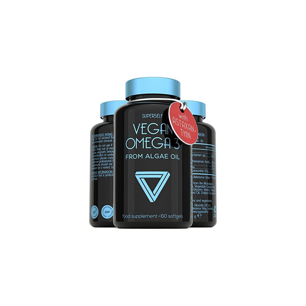 Superself Vegan Omega 3 Capsules High Strength Dha From Algae Oil 500Mg Algae Omega 3 Vegan With Flaxseed Oil Astaxanthin Vitamin E 60 Easy To Swallow Softgel