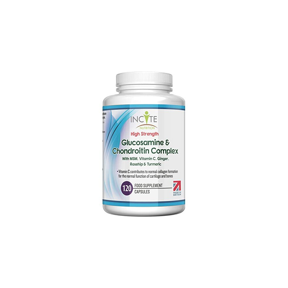Incite Nutrition Glucosamine And Chondroitin High Strength Complex With Msm Vitamin C Ginger Rosehip Turmeric 120 Premium Capsules Joint Care Supplements Made In The