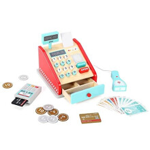 SOKA Wooden Cash Register Red & Mint - Realistic Role-Play Checkout with Scanner, Cards, Coins & Receipts - Educational Toy for Ages 3+