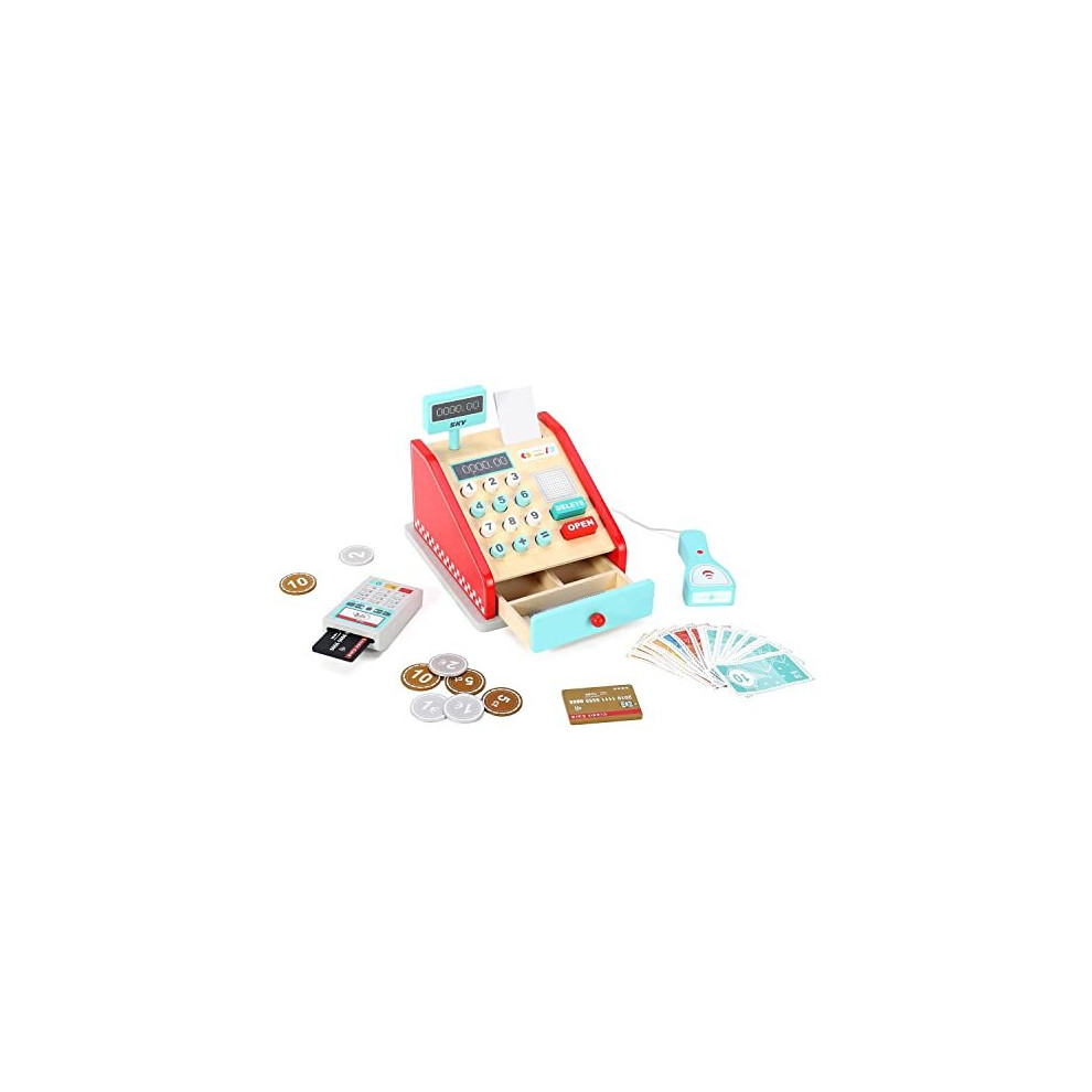 SOKA Cash Register Red and Mint Wooden Classic Cashier Role Play Supermarket Shopping Checkout Money Till Toy Educational Learning Pretend Playset for