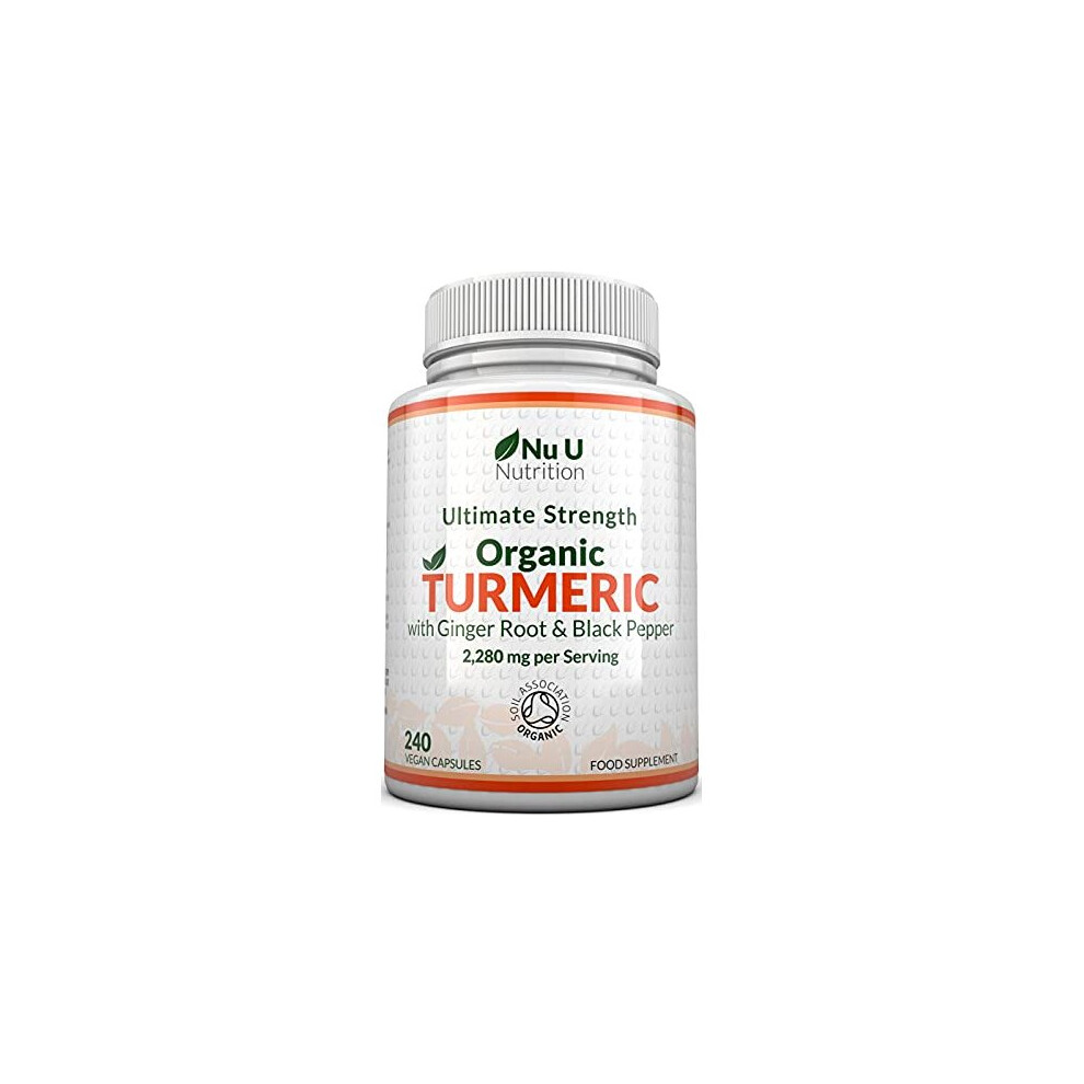 Organic Turmeric Ginger Black Pepper 2280mg per Serving 240 Capsules High Strength Tumeric Curcumin Soil Association Certified 4 Months Supply Nu u