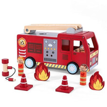SOKA Wooden Fire Engine Truck with Firefighter Figurines Educational Montessori Blocks Firefight Vehicle Toy Set Gift for Children Kids Boy Girl Ages