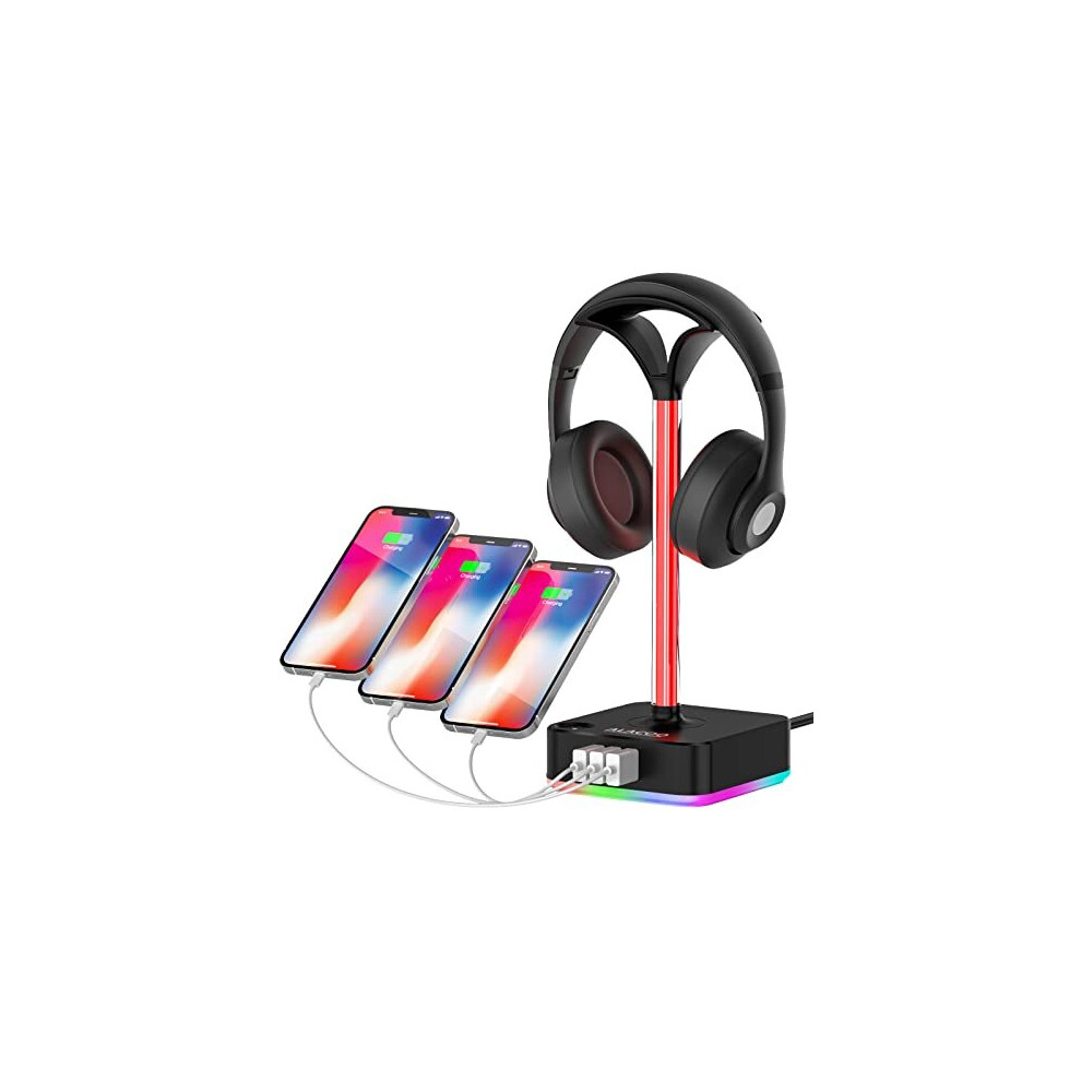 RGB Headphone Stand with USB Charger Port Desktop Gaming Headset Holder with 3 USB Charger for Home and Office and Gaming DJ Wireless Earphone