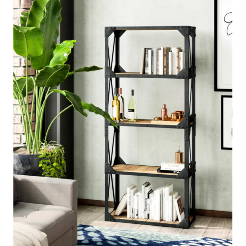 Tall Industrial Bookcase Rustic Solid Wood Display Cabinet Vintage Retro Shelf 1