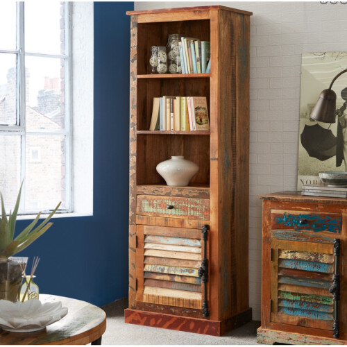 Rustic Display Cabinet Vintage Industrial Style Bookcase Tall Solid Wood Shelving Unit