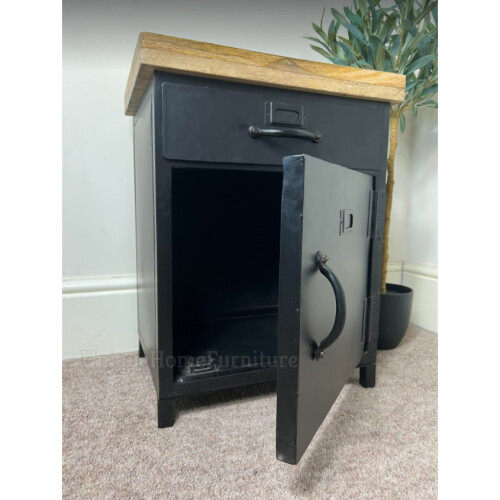 Industrial Bedside Table Vintage Retro Storage Cabinet Rustic Solid Wood Metal Cupboard 1