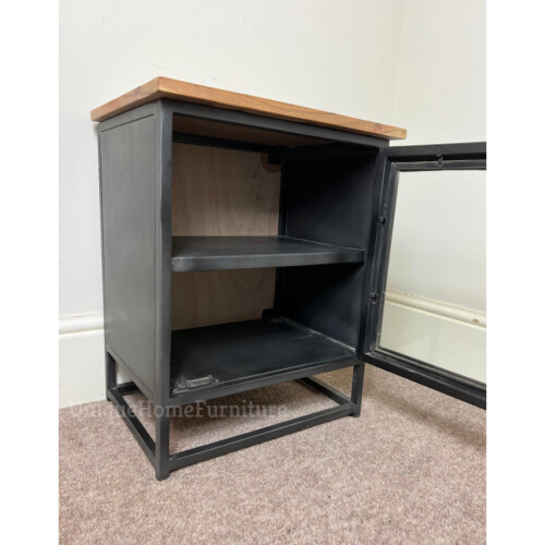 Industrial Bedside Table Rustic Metal Cupboard Small Vintage Glass Display Cabinet Unit 1