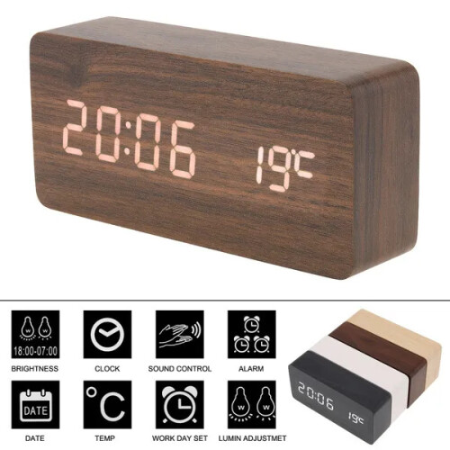 (Black) LED Wood Alarm Clock Voice Control Time Date Temperature Digital Bamboo Rectangle Table Desktop Clock