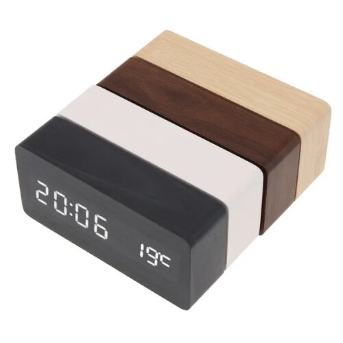 (Black) LED Wood Alarm Clock Voice Control Time Date Temperature Digital Bamboo Rectangle Table Desktop Clock 1