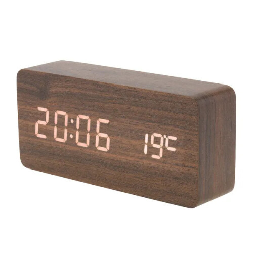 (Dark brown) LED Wood Alarm Clock Voice Control Time Date Temperature Digital Bamboo Rectangle Table Desktop Clock 2