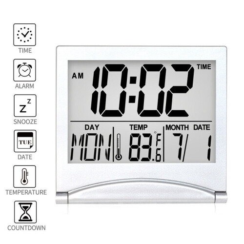 Digital Travel Alarm Clock Foldable LCD Compact Desk Clock Silver 1