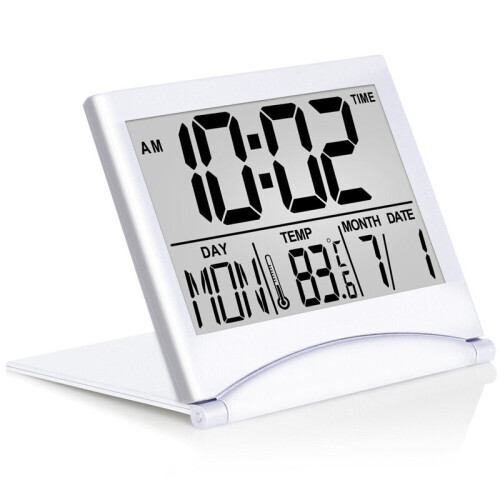 Digital Travel Alarm Clock Foldable LCD Compact Desk Clock Silver