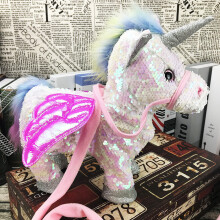 (Sequins-white) Electric Walking and singing Unicorn Plush Toy Stuffed Animal Pegasus Pony Toys 35cm
