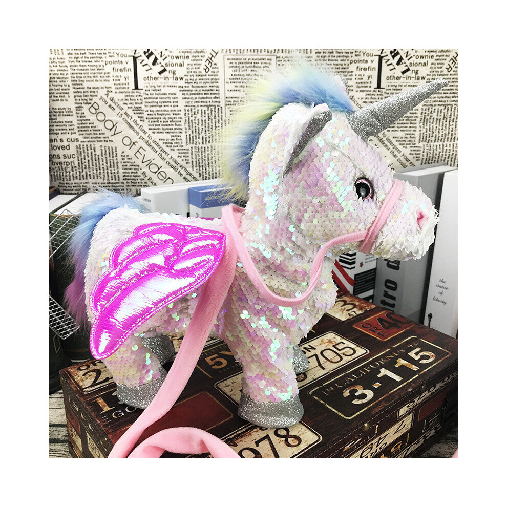 (Sequins-white) Electric Walking and singing Unicorn Plush Toy Stuffed Animal Pegasus Pony Toys 35cm