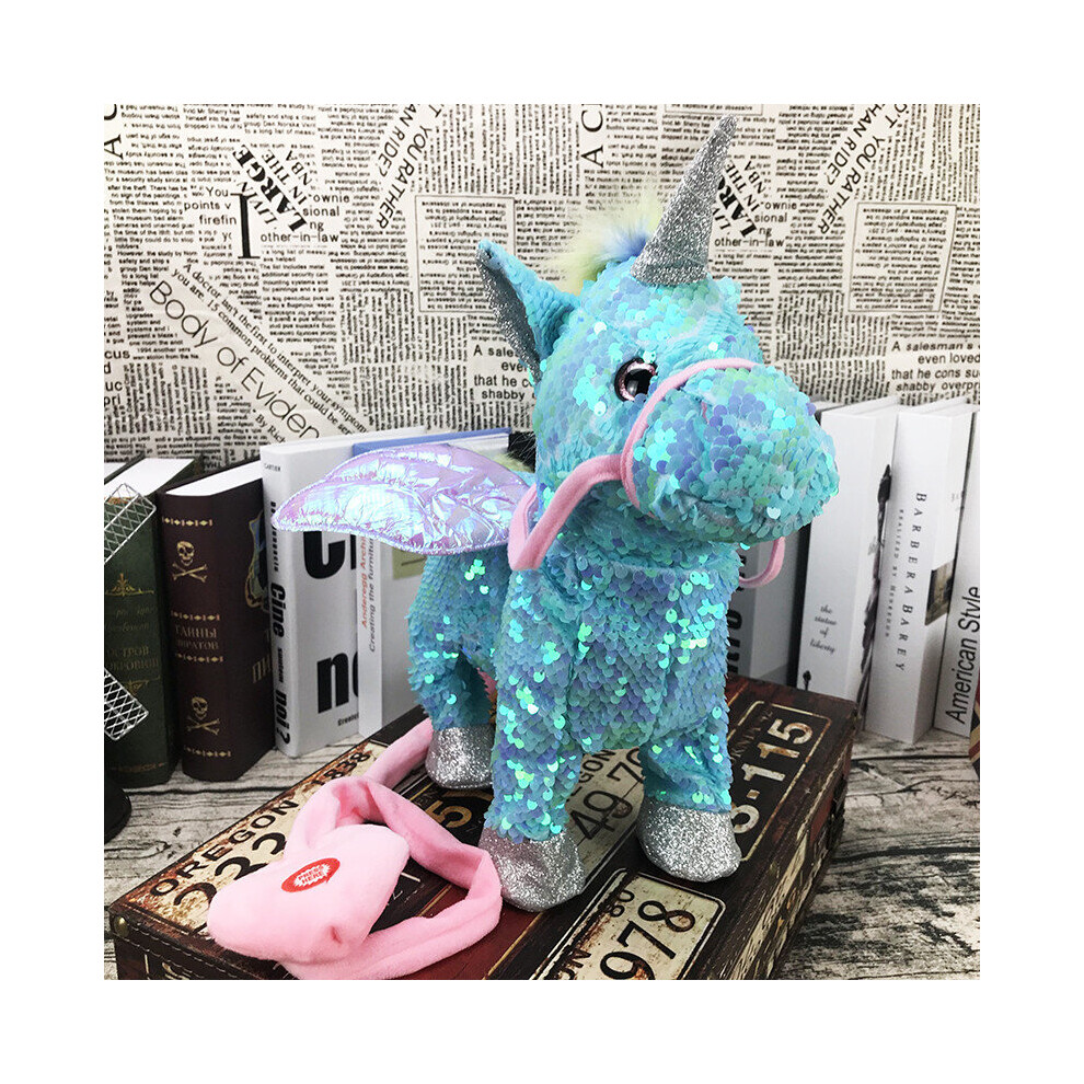 (Sequins-blue) Electric Walking and singing Unicorn Plush Toy Stuffed Animal Pegasus Pony Toys 35cm