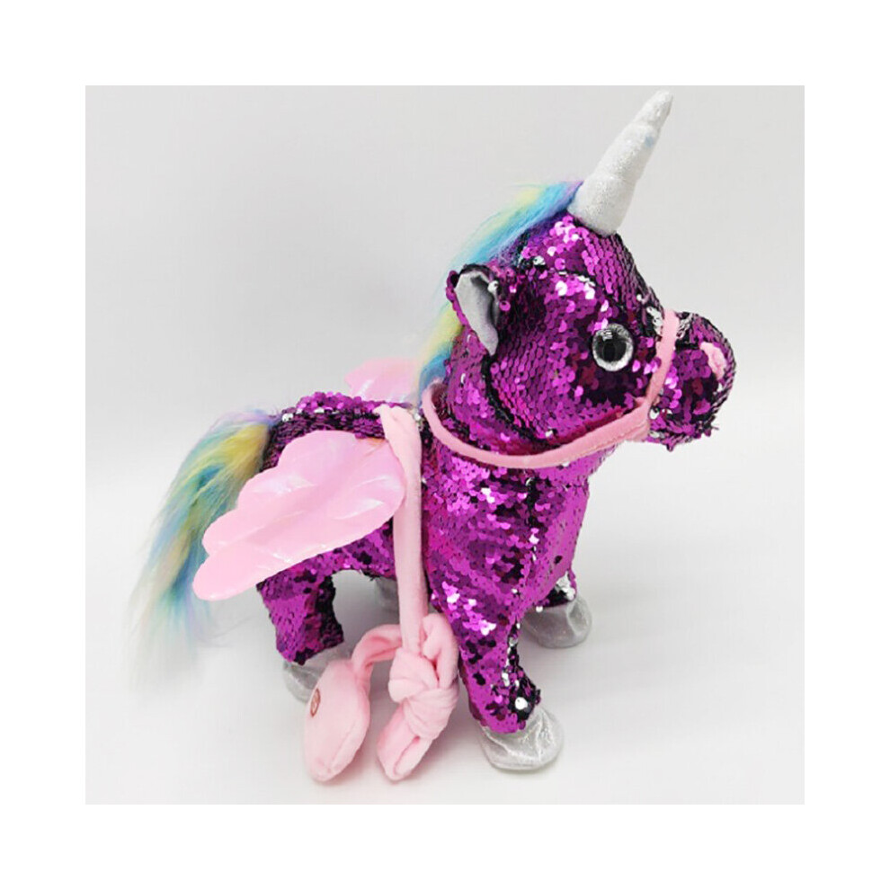 (Sequins-purple) Electric Walking and singing Unicorn Plush Toy Stuffed Animal Pegasus Pony Toys 35cm