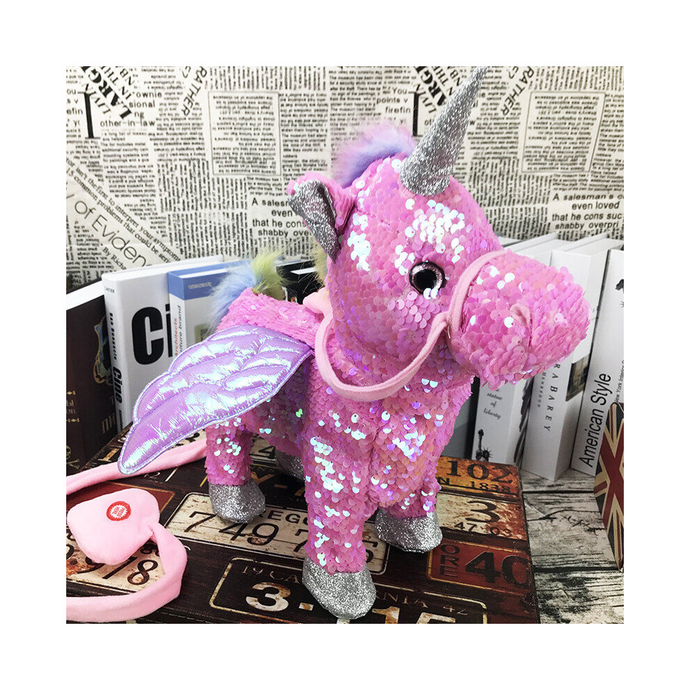 (Sequins-pink) Electric Walking and singing Unicorn Plush Toy Stuffed Animal Pegasus Pony Toys 35cm