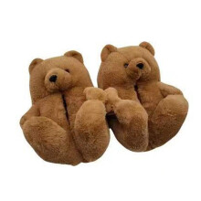 (Coffee, Adult37-41=Foot Length23.5-25.5cm) Bear Fuzzy Teddy Slippers Women Kids Winter Indoor Nonslip Thick Sole Home Xmas
