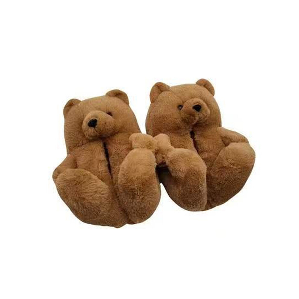 (Coffee, Adult37-41=Foot Length23.5-25.5cm) Bear Fuzzy Teddy Slippers Women Kids Winter Indoor Nonslip Thick Sole Home Xmas