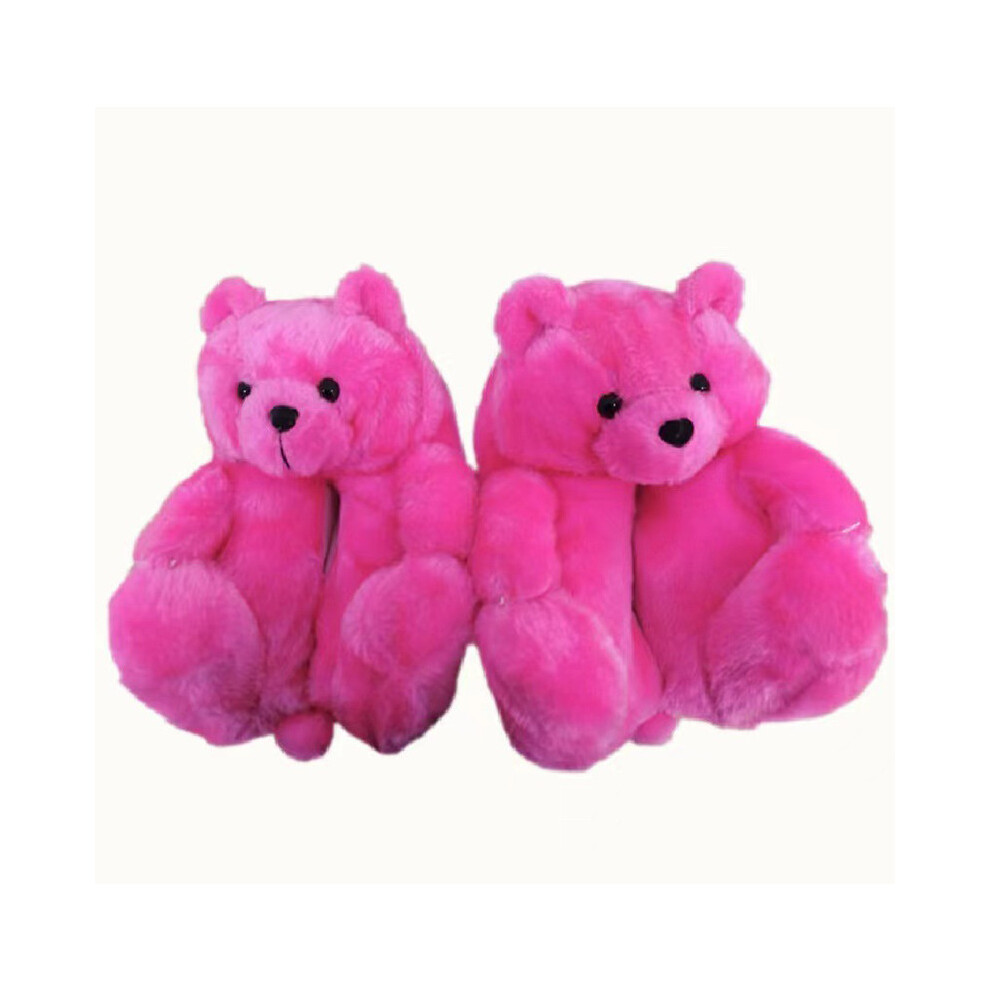 (Rose Pink, Adult37-41=Foot Length23.5-25.5cm) Bear Fuzzy Teddy Slippers Women Kids Winter Indoor Nonslip Thick Sole Home Xmas