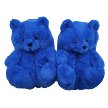 (Dark Blue, Adult37-41=Foot Length23.5-25.5cm) Bear Fuzzy Teddy Slippers Women Kids Winter Indoor Nonslip Thick Sole Home Xmas