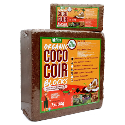 Elixir Garden Supplies (10 L, 2) Organic Coco Coir Blocks/Bricks | 10L & 75L Potting Medium/Compost Soil