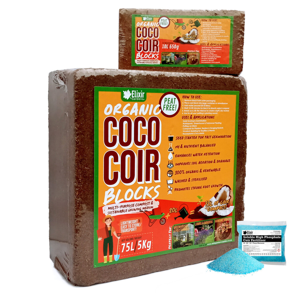 (75 L with 30g Fertiliser, 7) Organic Coco Coir Blocks/Bricks | 10L & 75L Potting Medium/Compost Soil