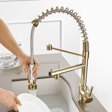 (Gold Model) Kitchen Sink Mixer Tap Chrome Brass 360 Degree Rotation Single Hole with Pull Out Spray Kitchen Sink Taps