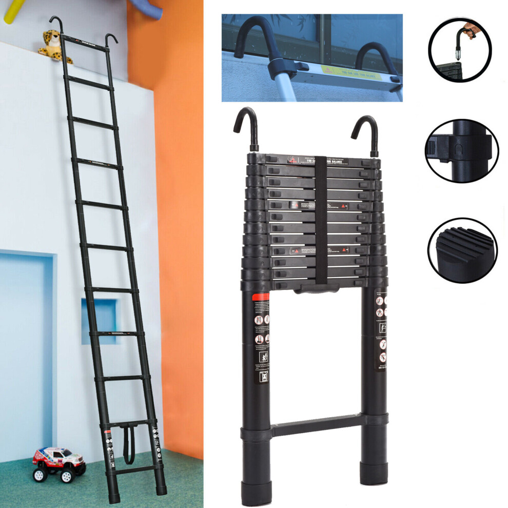 (5M/16.4FT) Telescopic Ladder with Hooks Max Capacity 150kgs Aluminum Portable Extension Ladder Straight  Ladder