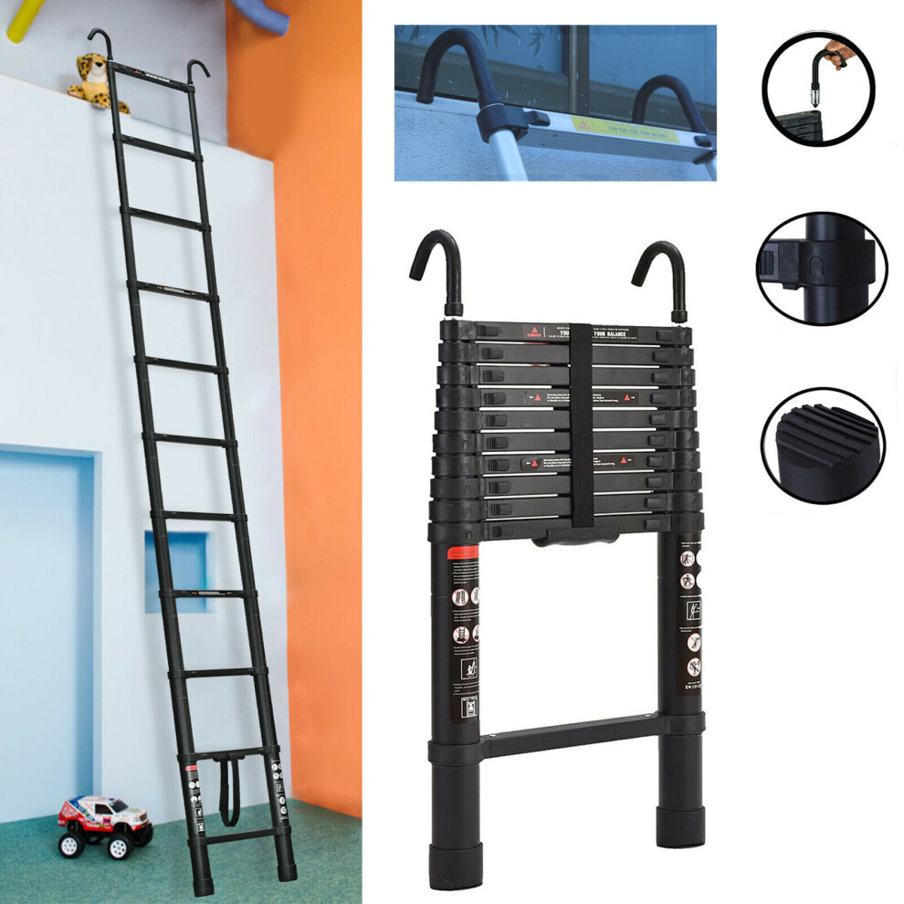 (3.2M/10.5FT) Telescopic Ladder with Hooks Max Capacity 150kgs Aluminum Portable Extension Ladder Straight  Ladder