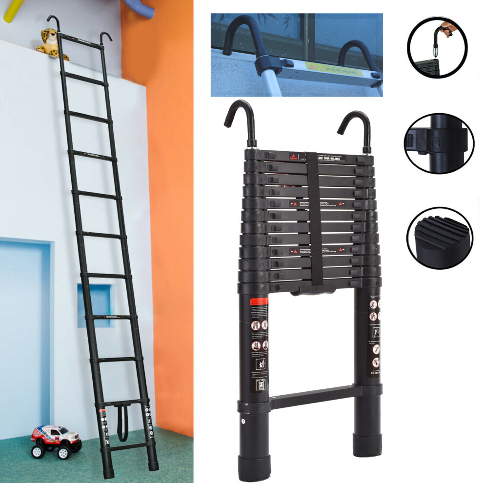 (3.8M/12.5FT) Telescopic Ladder with Hooks Max Capacity 150kgs Aluminum Portable Extension Ladder Straight  Ladder