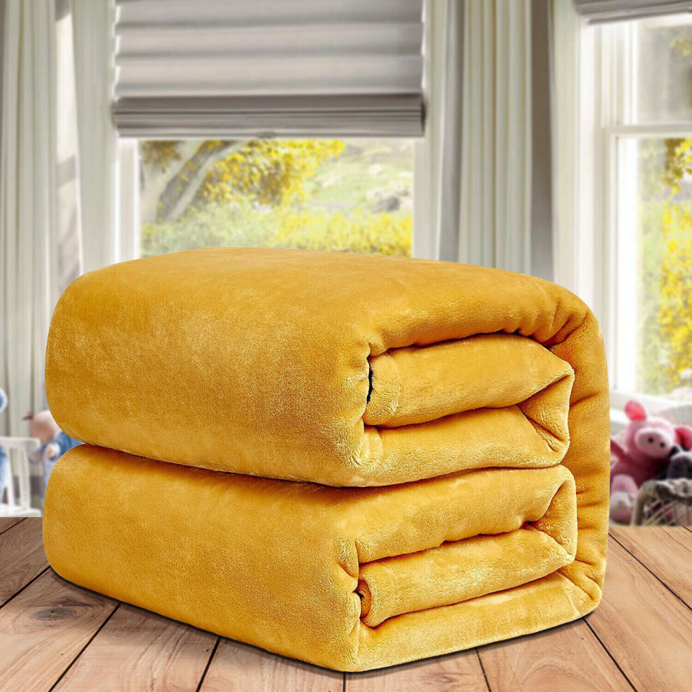 (Double, Yellow) ThicK Warm Super Soft Large Blanket Faux Fur Fleece Bed ALL Size UK