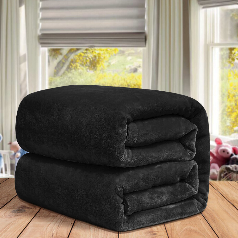 (Double, Black) ThicK Warm Super Soft Large Blanket Faux Fur Fleece Bed ALL Size UK