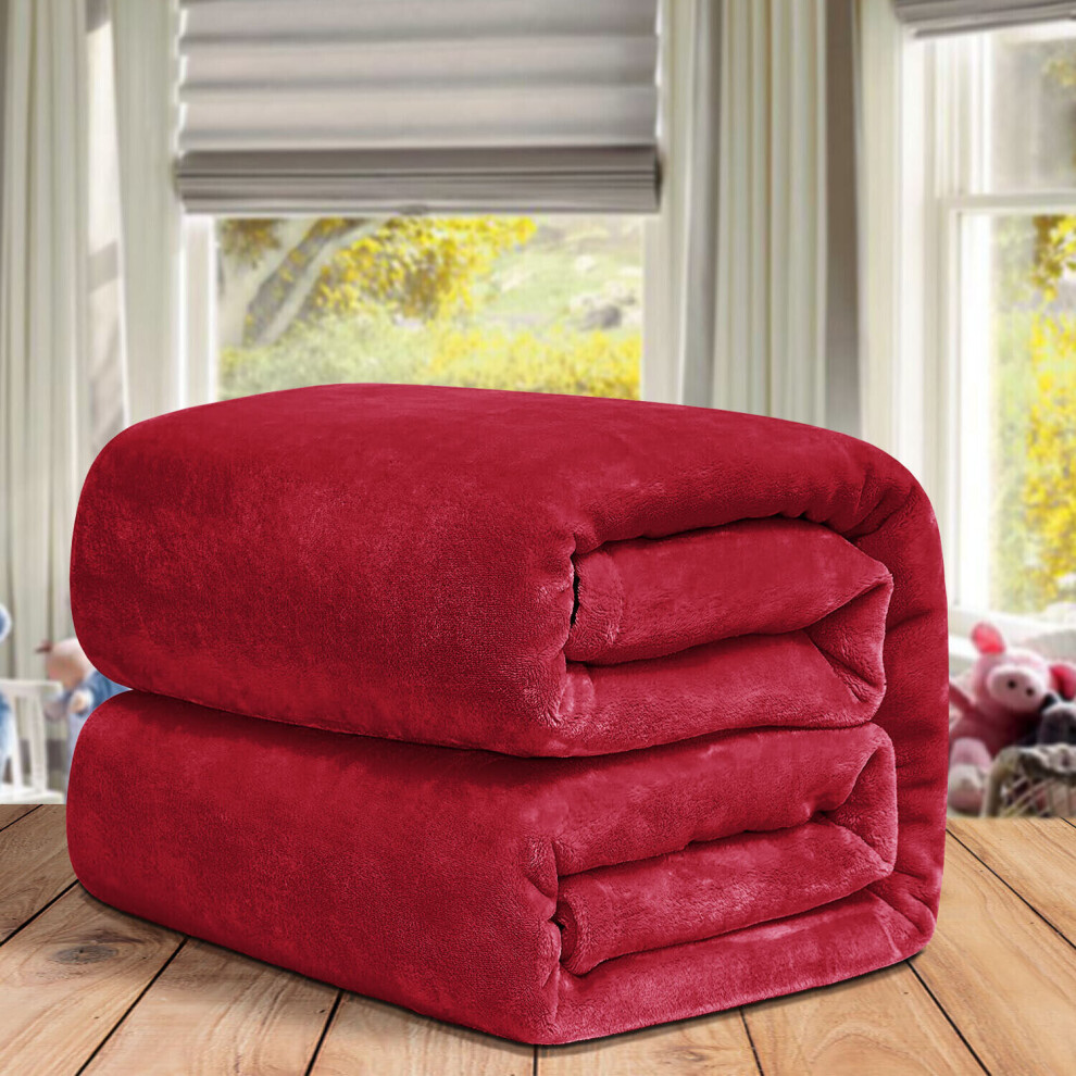 (Double, Red) ThicK Warm Super Soft Large Blanket Faux Fur Fleece Bed ALL Size UK