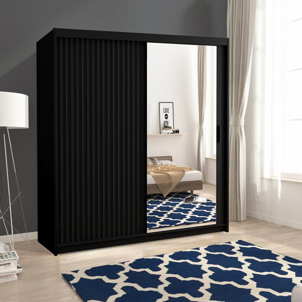 (Black, 203cm) Losangeles Sliding Mirror Door Wave Wardrobe